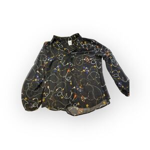Cabi Black Sheer Chain Print Button Up Blouse Long Sleeve Shirt Top M